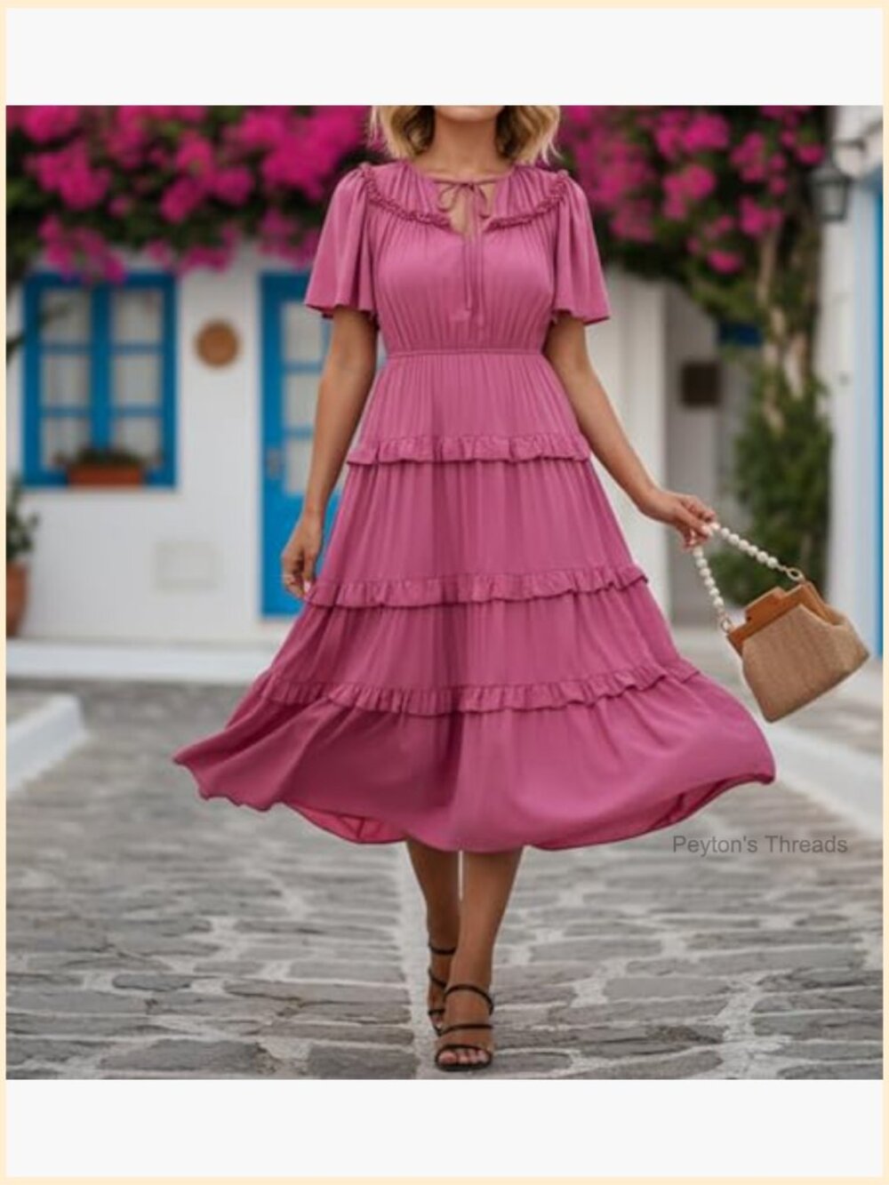 Boho Short Sleeve Midi Dress with Pockets Flowy Rayon Casual - Picture 3 of 5